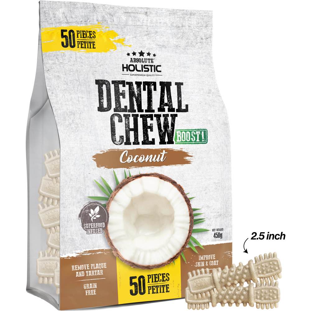 34% OFF: Absolute Holistic Boost Coconut Petite Grain-Free Dental Dog Chews 50pc - Kohepets