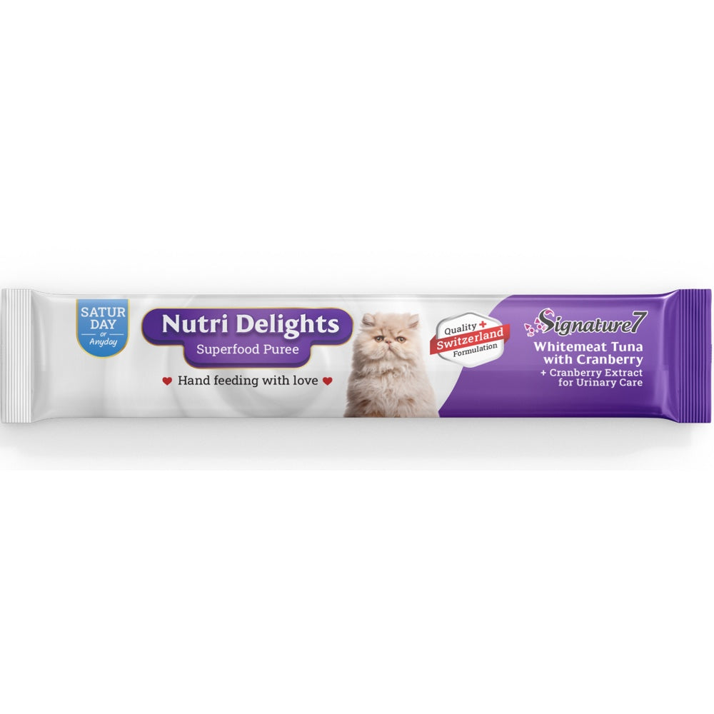 $1 OFF (Exp 17May26): Signature7 Nutri Delights Superfood Whitemeat Tuna With Cranberry (Sat) Puree Cat Treats 60g - Kohepets